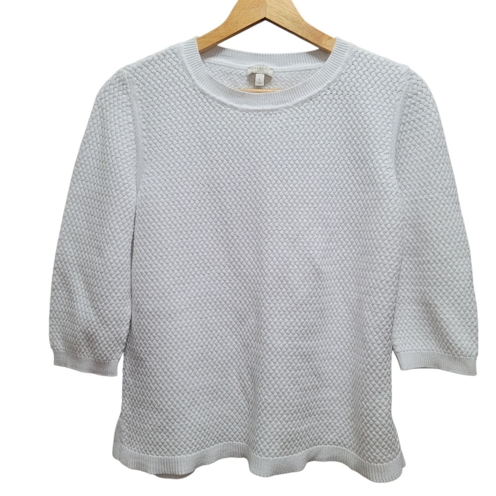 Sz Large White Talbots Sweater Waffle Knit Crew Neck 100% Cotton 3/4 Sleeves